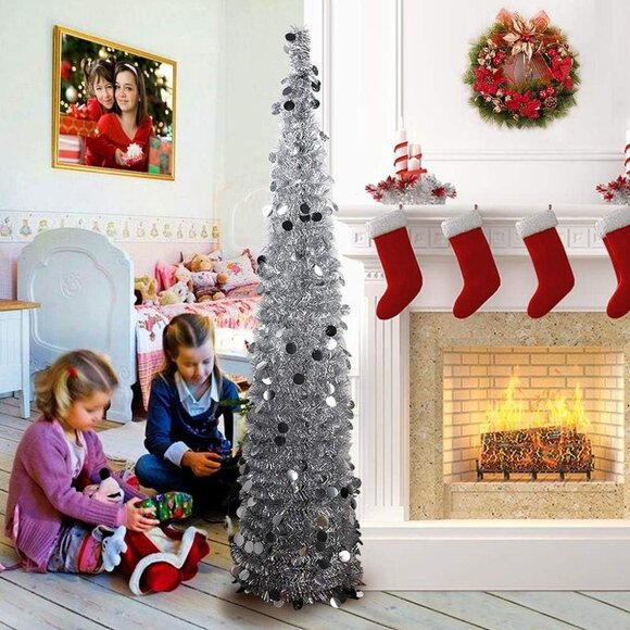 5FT Silver Christmas Pop Up Tinsel Tree Holiday Decor Collapsible - Picture 6 of 6